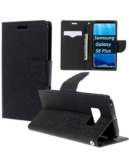 CUSTODIA per SAMSUNG SM-G955 GALAXY S8 PLUS - FLIP ORIZZONTALE CON STAND, INTERNO IN TPU SILICONE E PORTA CARTE COLORE NERO