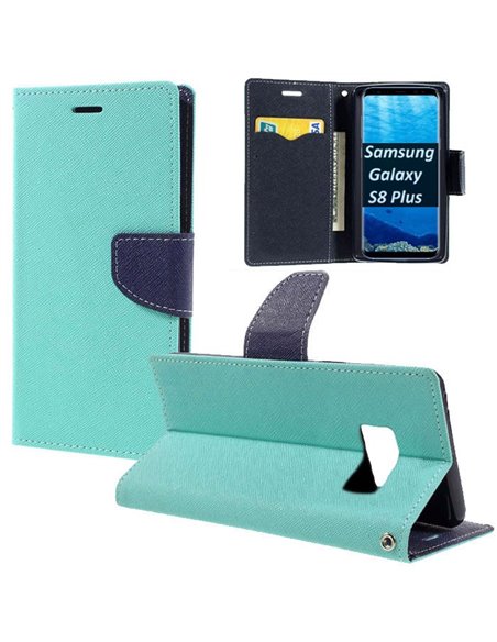 CUSTODIA per SAMSUNG SM-G955 GALAXY S8 PLUS - FLIP ORIZZONTALE CON STAND, INTERNO IN TPU E PORTA CARTE COLORE VERDE ACQUA