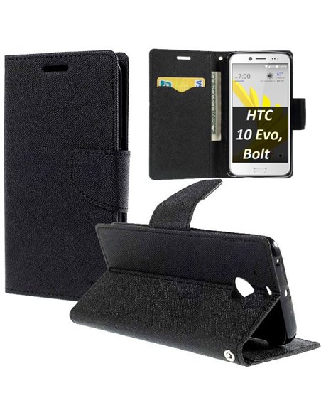 CUSTODIA per HTC 10 EVO - FLIP ORIZZONTALE CON INTERNO IN TPU SILICONE, STAND, PORTA CARTE E CHIUSURA MAGNETICA COLORE NERO