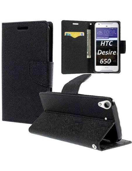 CUSTODIA per HTC DESIRE 650 - FLIP ORIZZONTALE CON INTERNO IN TPU SILICONE, STAND, PORTA CARTE E CHIUSURA MAGNETICA COLORE NERO