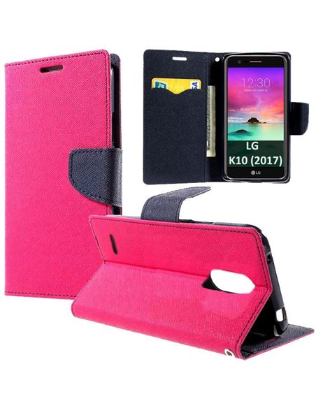 CUSTODIA per LG K10 (2017) - FLIP ORIZZONTALE CON INTERNO IN TPU, STAND, TASCHE PORTA CARTE E CHIUSURA MAGNETICA COLORE FUCSIA