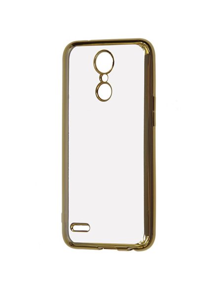 CUSTODIA per LG K10 (2017) IN GEL TPU SILICONE TRASPARENTE CON CORNICE COLORE ORO