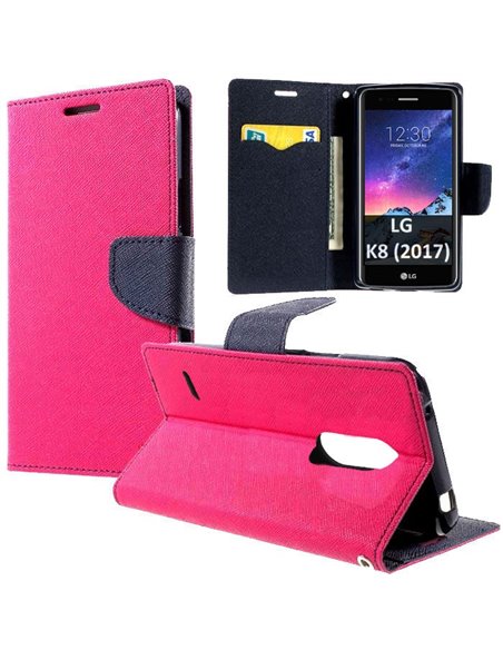 CUSTODIA per LG K8 (2017), X300, M200N - FLIP ORIZZONTALE CON INTERNO IN TPU, STAND, PORTA CARTE E CHIUSURA MAGNETICA COLORE FUC