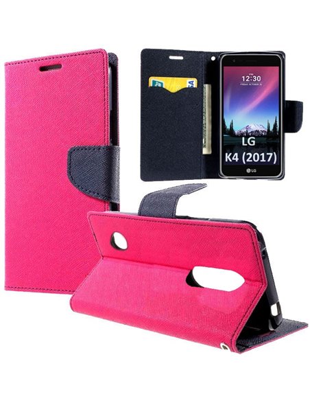 CUSTODIA per LG K4 (2017), M160 - FLIP ORIZZONTALE CON INTERNO IN TPU, STAND, PORTA CARTE E CHIUSURA MAGNETICA COLORE FUCSIA