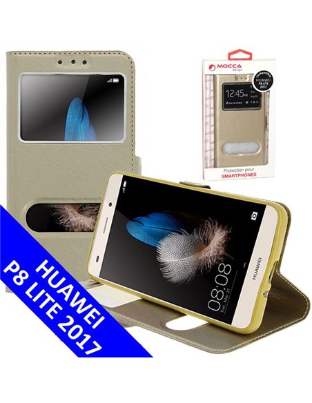 CUSTODIA per HUAWEI P8 LITE 2017, P9 LITE 2017 - FLIP ORIZZONTALE PELLE CON INTERNO IN TPU E DOPPIA FINESTRA ID COLORE ORO MOCCA