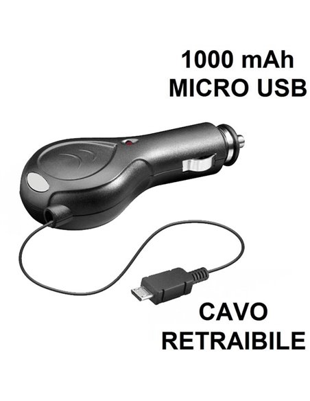CARICATORE AUTO RETRAIBILE 1000mAh CON CONNETTORE MICRO USB COLORE NERO (CAR00.HD2)