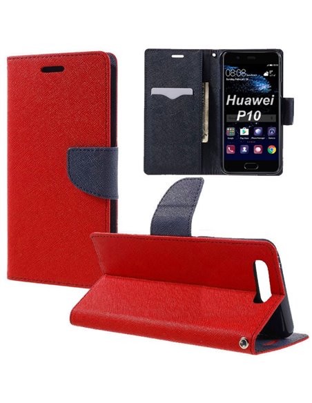 CUSTODIA per HUAWEI P10 - FLIP ORIZZONTALE CON INTERNO IN TPU SILICONE, STAND, PORTA CARTE E CHIUSURA MAGNETICA COLORE ROSSO