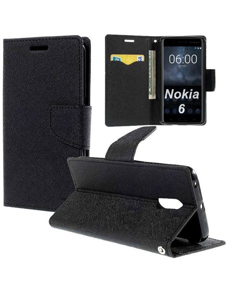 CUSTODIA per NOKIA 6 - FLIP ORIZZONTALE CON INTERNO IN TPU, STAND, PORTA CARTE E CHIUSURA MAGNETICA COLORE NERO