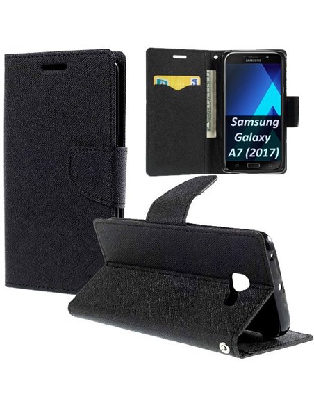 CUSTODIA per SAMSUNG SM-A720 GALAXY A7 (2017) - FLIP ORIZZONTALE CON STAND, INTERNO IN TPU SILICONE E PORTA CARTE COLORE NERO