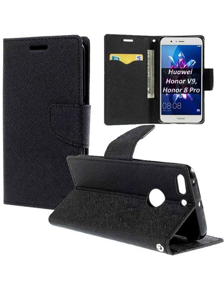 CUSTODIA per HUAWEI HONOR 8 PRO, HONOR V9 - FLIP ORIZZONTALE CON INTERNO IN TPU, STAND, PORTA CARTE E CHIUSURA MAGNETICA NERO