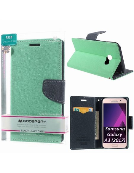 CUSTODIA per SAMSUNG SM-A320 GALAXY A3 (2017) - FLIP ORIZZONTALE CON STAND E INTERNO IN TPU COLORE VERDE ACQUA ALTA QUALITA'