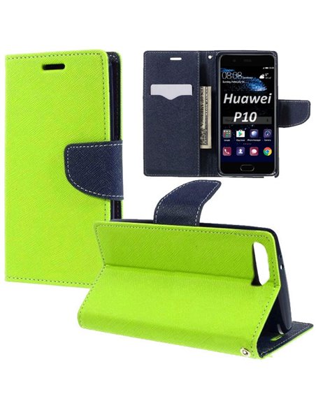 CUSTODIA per HUAWEI P10 - FLIP ORIZZONTALE CON INTERNO IN TPU SILICONE, STAND, PORTA CARTE E CHIUSURA MAGNETICA COLORE VERDE