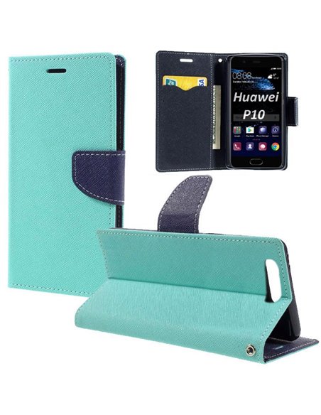 CUSTODIA per HUAWEI P10 - FLIP ORIZZONTALE CON INTERNO IN TPU, STAND, PORTA CARTE E CHIUSURA MAGNETICA COLORE VERDE ACQUA