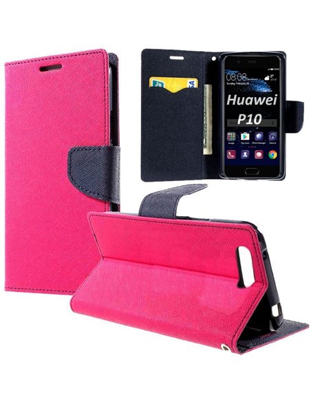 CUSTODIA per HUAWEI P10 - FLIP ORIZZONTALE CON INTERNO IN TPU SILICONE, STAND, PORTA CARTE E CHIUSURA MAGNETICA COLORE FUCSIA