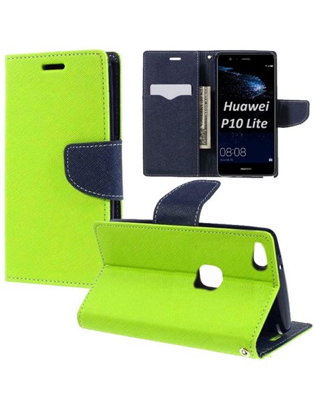 CUSTODIA per HUAWEI P10 LITE - FLIP ORIZZONTALE CON INTERNO IN TPU, STAND, PORTA CARTE E CHIUSURA MAGNETICA COLORE VERDE