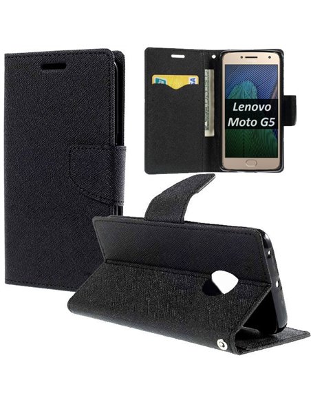 CUSTODIA per LENOVO MOTO G5 - FLIP ORIZZONTALE CON INTERNO IN TPU, STAND, PORTA CARTE E CHIUSURA MAGNETICA COLORE NERO