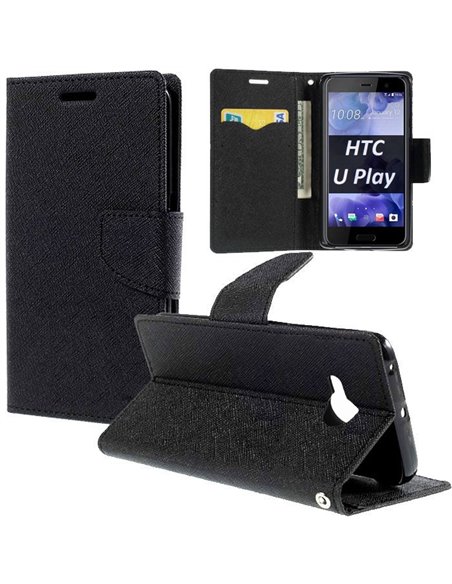 CUSTODIA per HTC U PLAY - FLIP ORIZZONTALE CON INTERNO IN TPU SILICONE, STAND, PORTA CARTE E CHIUSURA MAGNETICA COLORE NERO