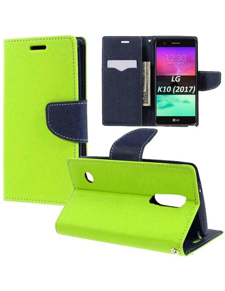 CUSTODIA per LG K10 (2017) - FLIP ORIZZONTALE CON INTERNO IN TPU, STAND, TASCHE PORTA CARTE E CHIUSURA MAGNETICA COLORE VERDE