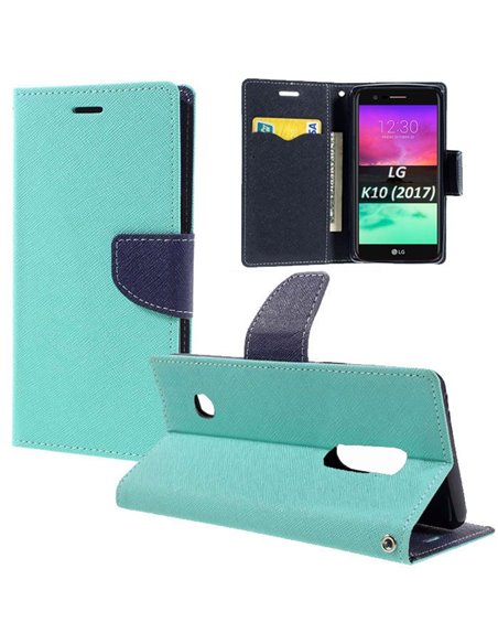 CUSTODIA per LG K10 (2017) - FLIP ORIZZONTALE CON INTERNO IN TPU, STAND, PORTA CARTE E CHIUSURA MAGNETICA COLORE VERDE ACQUA