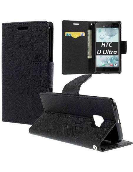 CUSTODIA per HTC U ULTRA - FLIP ORIZZONTALE CON INTERNO IN TPU SILICONE, STAND, PORTA CARTE E CHIUSURA MAGNETICA COLORE NERO