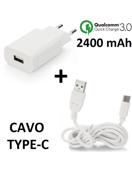 CARICATORE DA RETE 2400mAh CON 1 PORTA USB + CAVO TYPE-C LUNGHEZZA 1 MT - FAST CHARGING - COLORE BIANCO BLISTER (TC00.TYPE-C.FAS