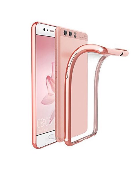 CUSTODIA per HUAWEI P10 IN GEL TPU SILICONE TRASPARENTE CON CORNICE COLORE ROSA ORO