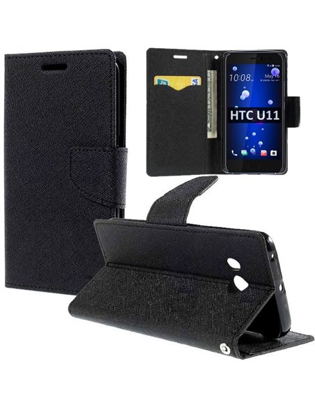 CUSTODIA per HTC U11 - FLIP ORIZZONTALE CON INTERNO IN TPU SILICONE, STAND, PORTA CARTE E CHIUSURA MAGNETICA COLORE NERO