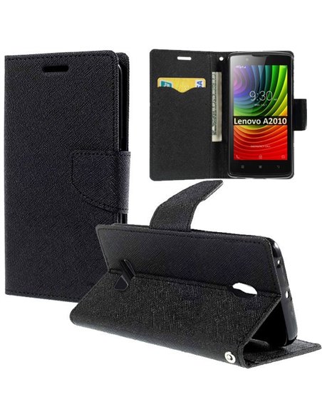 CUSTODIA per LENOVO A2010, ANGUS2 - FLIP ORIZZONTALE CON INTERNO IN TPU, STAND E TASCHE PORTA CARTE COLORE NERO