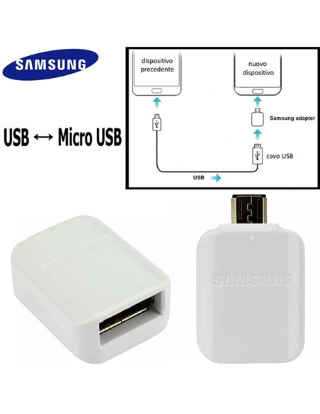 ADATTATORE ORIGINALE SAMSUNG EE-UG930 DA USB A MICRO USB PER TRASFERIMENTO DATI COLORE BIANCO BULK SEGUE COMPATIBILITA'..
