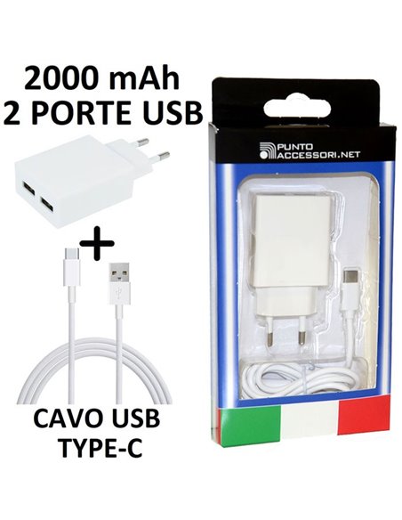 CARICATORE DA RETE 2000mAh CON 2 PORTE USB + CAVO TYPE-C - LUNGHEZZA 1 MT COLORE BIANCO BLISTER (TC00.TYPE-C.02.2A.BI)