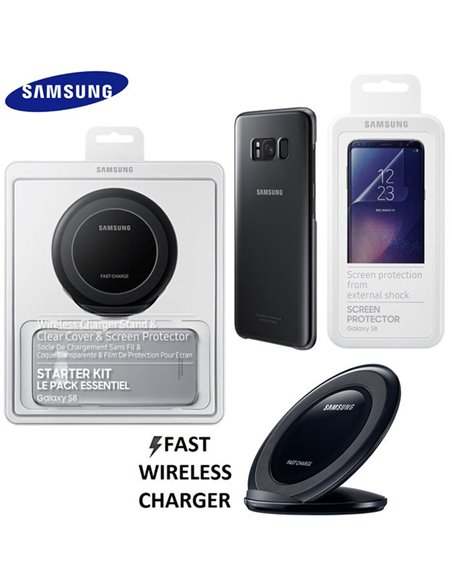 STARTER KIT ORIGINALE per SM-G950 GALAXY S8 CON TRAVEL CASA WIRELESS FAST CHARGER STAND, CLEAR COVER E SCREEN PROTECTOR