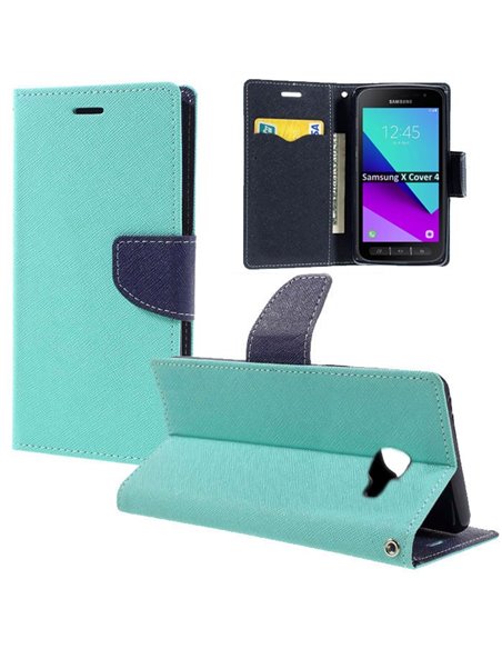 CUSTODIA per SAMSUNG GALAXY XCOVER 4 (SM-G390), XCOVER 4S (SM-G398) - FLIP ORIZZONTALE INTERNO IN TPU E PORTA CARTE VERDE ACQUA