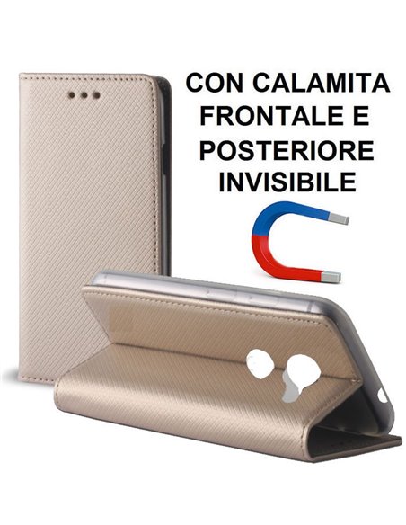 CUSTODIA per HUAWEI NOVA LITE PLUS, Y7, Y7 PRIME - FLIP ORIZZONTALE CON CHIUSURA MAGNETICA INVISIBILE ED INTERNO IN TPU ORO