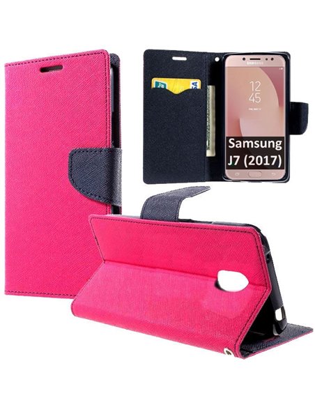 CUSTODIA per SAMSUNG SM-J730 GALAXY J7 (2017) - FLIP ORIZZONTALE CON STAND, INTERNO IN TPU SILICONE E PORTA CARTE COLORE FUCSIA