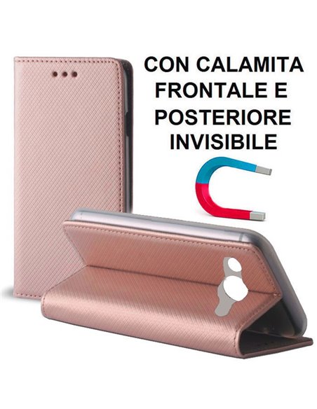 CUSTODIA per HUAWEI Y3 2018, Y3 2017 - FLIP ORIZZONTALE CON CHIUSURA MAGNETICA INVISIBILE, STAND ED INTERNO IN TPU ROSA ORO