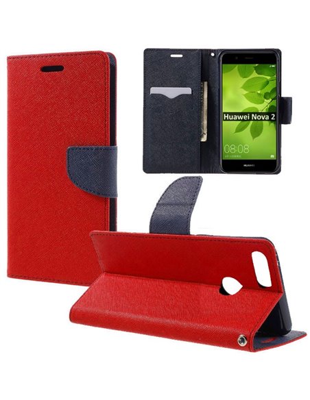 CUSTODIA per HUAWEI NOVA 2 - FLIP ORIZZONTALE CON INTERNO IN TPU SILICONE, STAND, PORTA CARTE E CHIUSURA MAGNETICA COLORE ROSSO