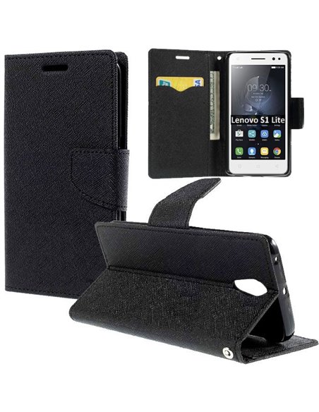 CUSTODIA per LENOVO VIBE S1 LITE - FLIP ORIZZONTALE CON INTERNO IN TPU, STAND, PORTA CARTE E CHIUSURA MAGNETICA COLORE NERO