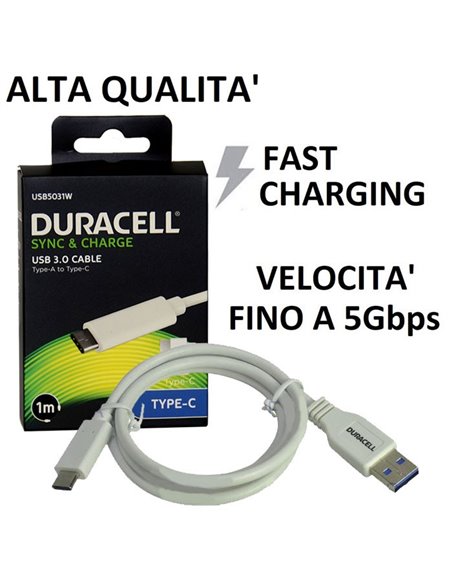 CAVO USB TYPE-C 3.0 FAST CHARGER - LUNGHEZZA 1 MT COLORE BIANCO DURACELL USB5031W BLISTER