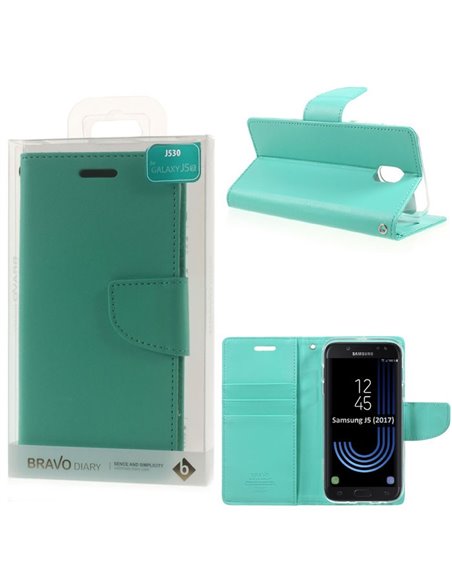 CUSTODIA per SAMSUNG SM-J530 GALAXY J5 (2017) - FLIP ORIZZONTALE SIMILPELLE CON INTERNO IN TPU E STAND VERDE ACQUA BRAVO MERCURY