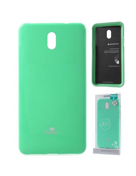 CUSTODIA per NOKIA 3, NOKIA 3 DUAL SIM IN GEL TPU SILICONE COLORE VERDE ACQUA LUCIDO CON GLITTER ALTA QUALITA' MERCURY BLISTER