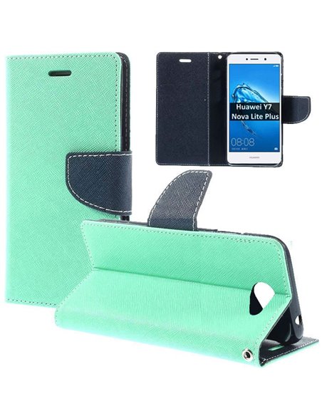 CUSTODIA per HUAWEI NOVA LITE PLUS, Y7  - FLIP ORIZZONTALE CON INTERNO IN TPU SILICONE, STAND E PORTA CARTE COLORE VERDE ACQUA