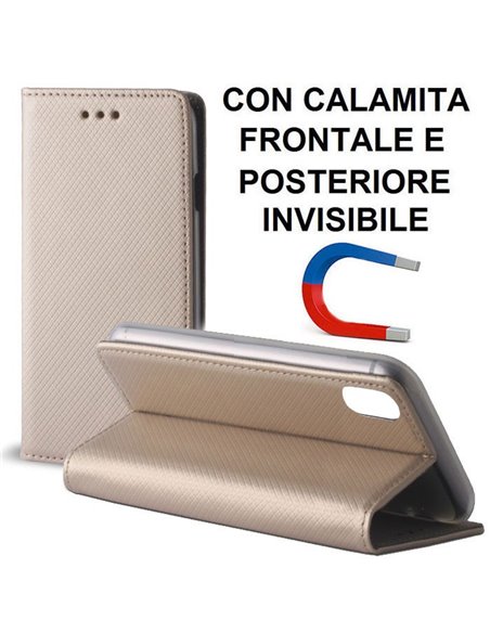 CUSTODIA per APPLE IPHONE X, IPHONE XS (5.8') - FLIP ORIZZONTALE con CHIUSURA MAGNETICA INVISIBILE, STAND ED INTERNO IN TPU ORO