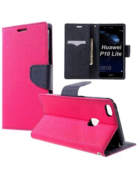 CUSTODIA per HUAWEI P10 LITE - FLIP ORIZZONTALE CON INTERNO IN TPU, STAND, PORTA CARTE E CHIUSURA MAGNETICA COLORE FUCSIA