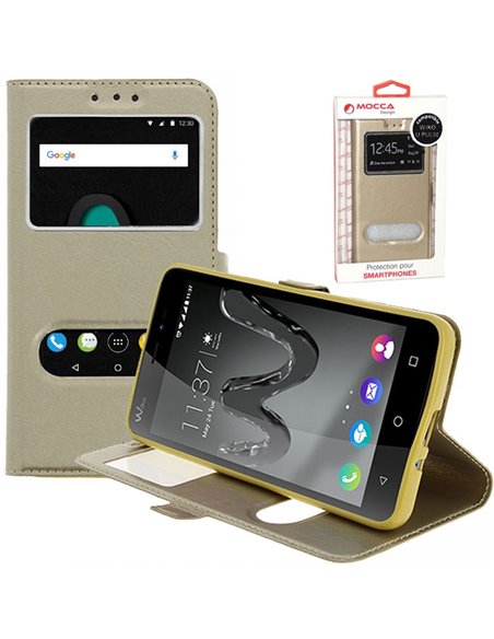 CUSTODIA per WIKO U PULSE - 5.5' - FLIP ORIZZONTALE PELLE CON INTERNO IN TPU E DOPPIA FINESTRA ID COLORE ORO MOCCA