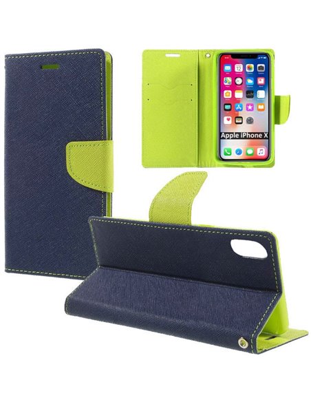 CUSTODIA per APPLE IPHONE X, IPHONE XS (5.8') - FLIP ORIZZONTALE CON INTERNO IN TPU SILICONE, STAND E TASCHE PORTA CARTE COLORE 