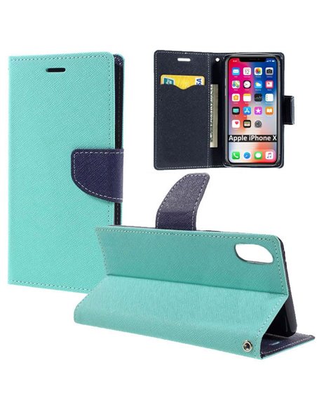 CUSTODIA per APPLE IPHONE X, IPHONE XS (5.8') - FLIP ORIZZONTALE CON INTERNO IN TPU SILICONE, STAND E PORTA CARTE COLORE VERDE A