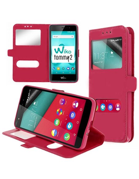 CUSTODIA per WIKO TOMMY 2 - FLIP ORIZZONTALE SIMILPELLE CON INTERNO IN TPU SILICONE E DOPPIA FINESTRA ID COLORE ROSA