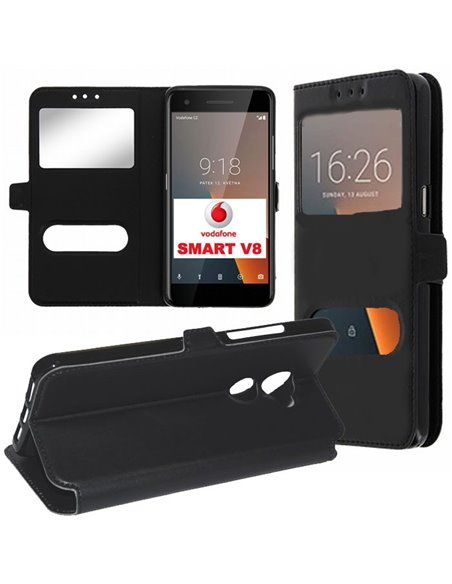 CUSTODIA per VODAFONE SMART V8 (VFD 710) - FLIP ORIZZONTALE SIMILPELLE CON INTERNO IN TPU E DOPPIA FINESTRA ID COLORE NERO