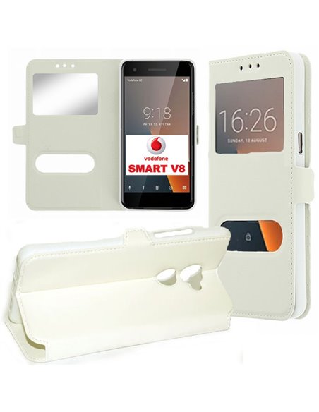 CUSTODIA per VODAFONE SMART V8 (VFD 710) - FLIP ORIZZONTALE SIMILPELLE CON INTERNO IN TPU E DOPPIA FINESTRA ID COLORE BIANCO