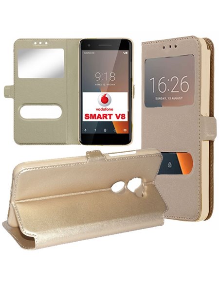 CUSTODIA per VODAFONE SMART V8 (VFD 710) - FLIP ORIZZONTALE SIMILPELLE CON INTERNO IN TPU E DOPPIA FINESTRA ID COLORE ORO